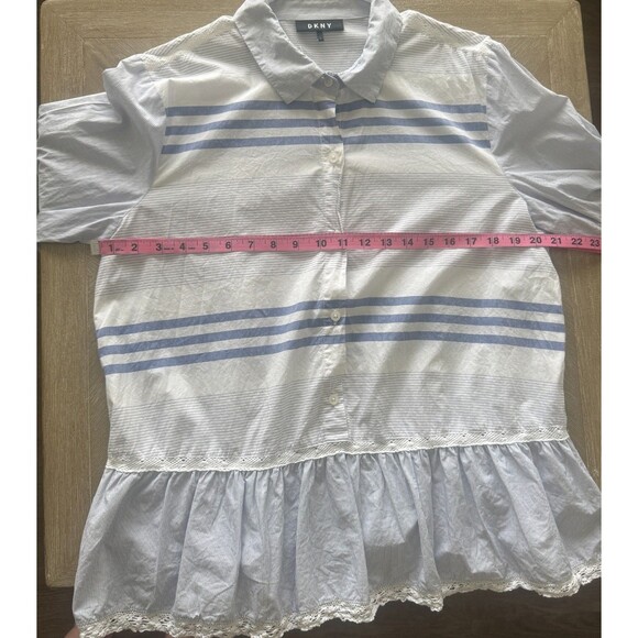 DKNY Donna Karan Striped Blouse sz L Ruffle Hem Pointed Collar Long Sleeve Work - Picture 8 of 9